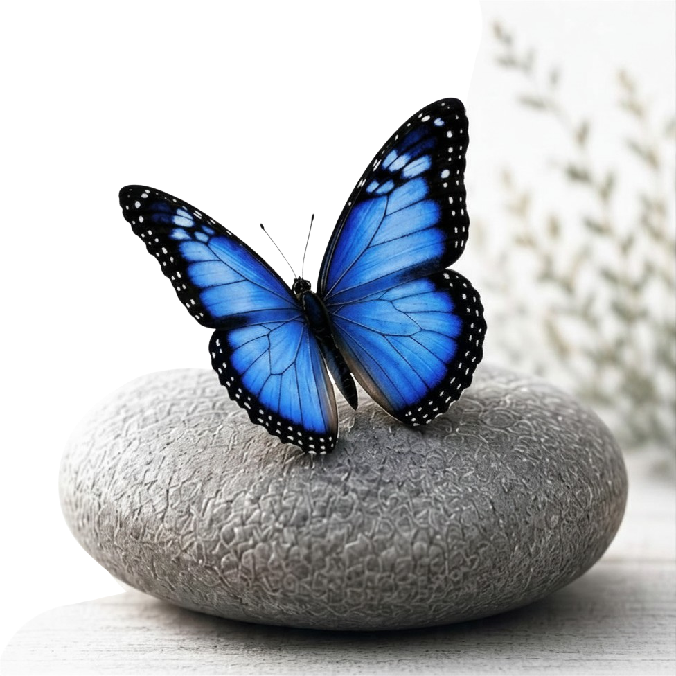 Blue butterfly resting on a smooth stone